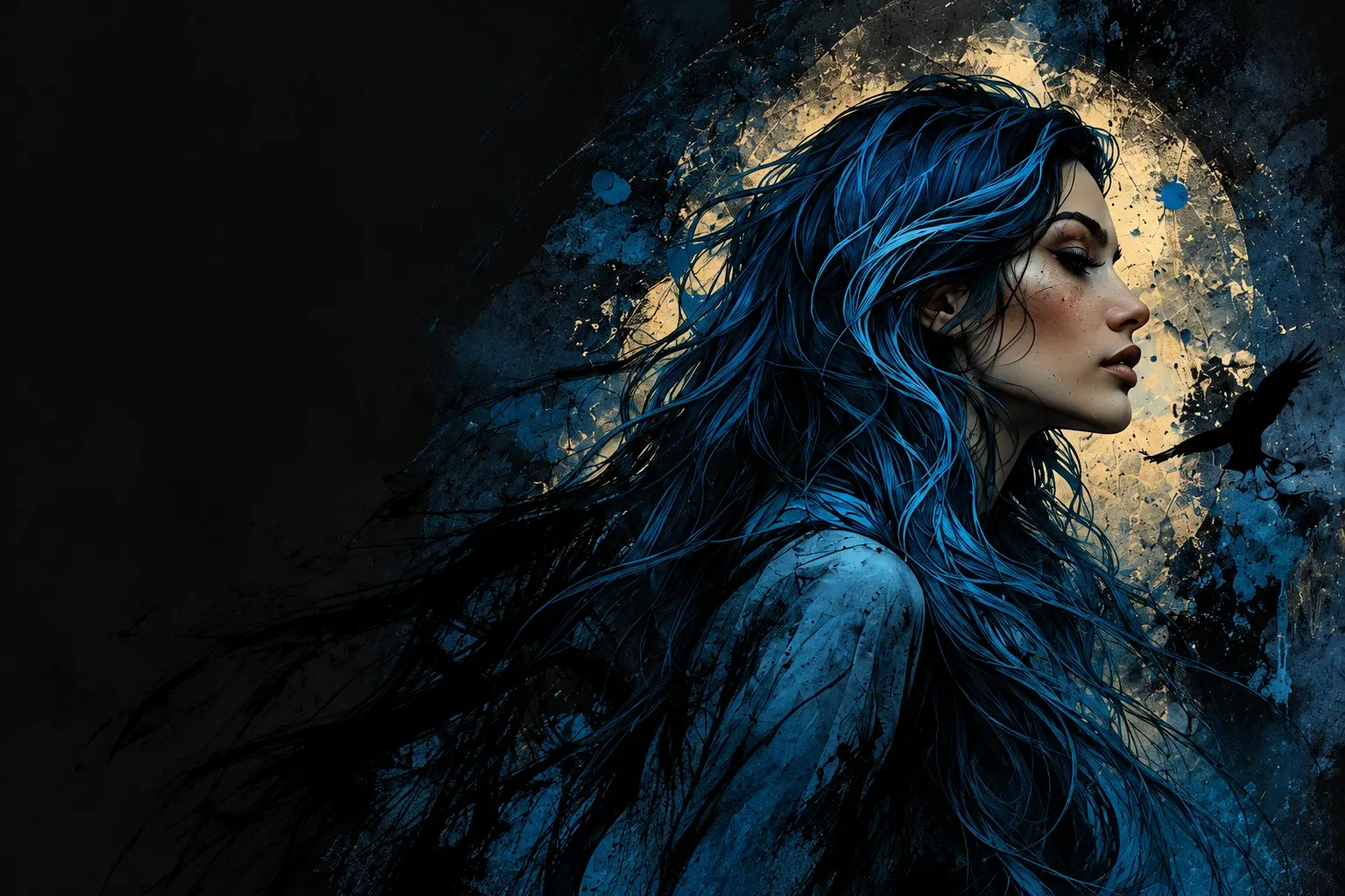 Portret artistic în albastru cobalt și auriu, simbol al creativității Black Design